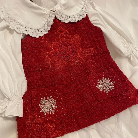 Girls Elegant Red Tweed Dress with White Blouse | Holiday Outfit - Picture 2 of 5